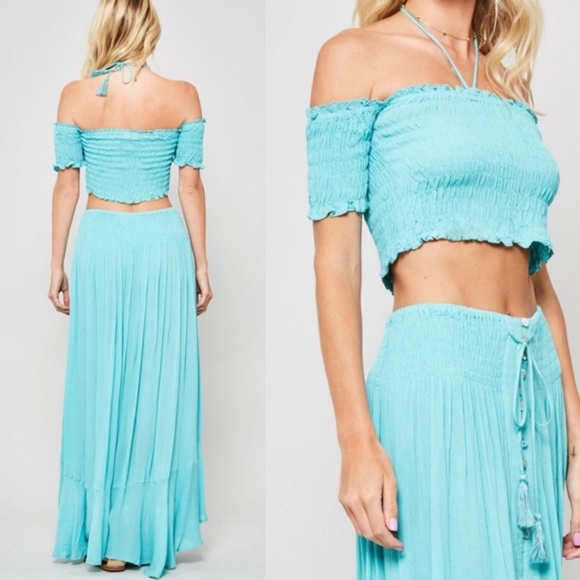 Boho Smocked Tassel Mint Crop Top Maxi Skirt Set - Picture 4 of 6